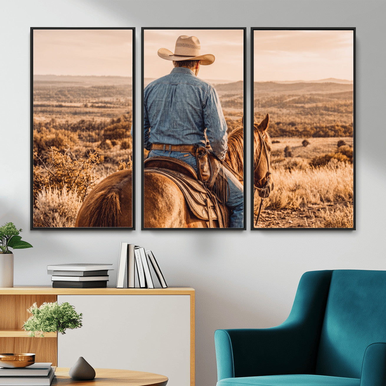62076449-MGV-CV-36X24 - Texas Cowboy and Horse Print for Western Wall Art Decor for Farmhouse