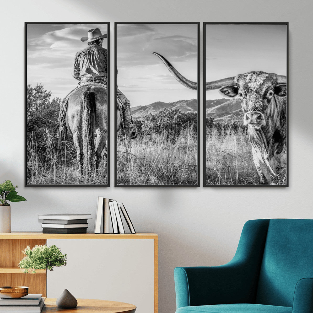 62076449WB-MGV-CV-36X24 - Texas Cowboy and Longhorn Bull Print for Western Wall Art Decor for Farmhouse