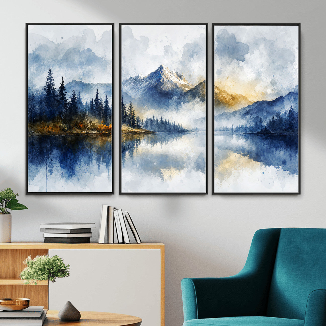 62076449DG-MGV-CV-36X24 - Abstract Watercolor Mountain Lake Wall Art Print for Living Room Decor