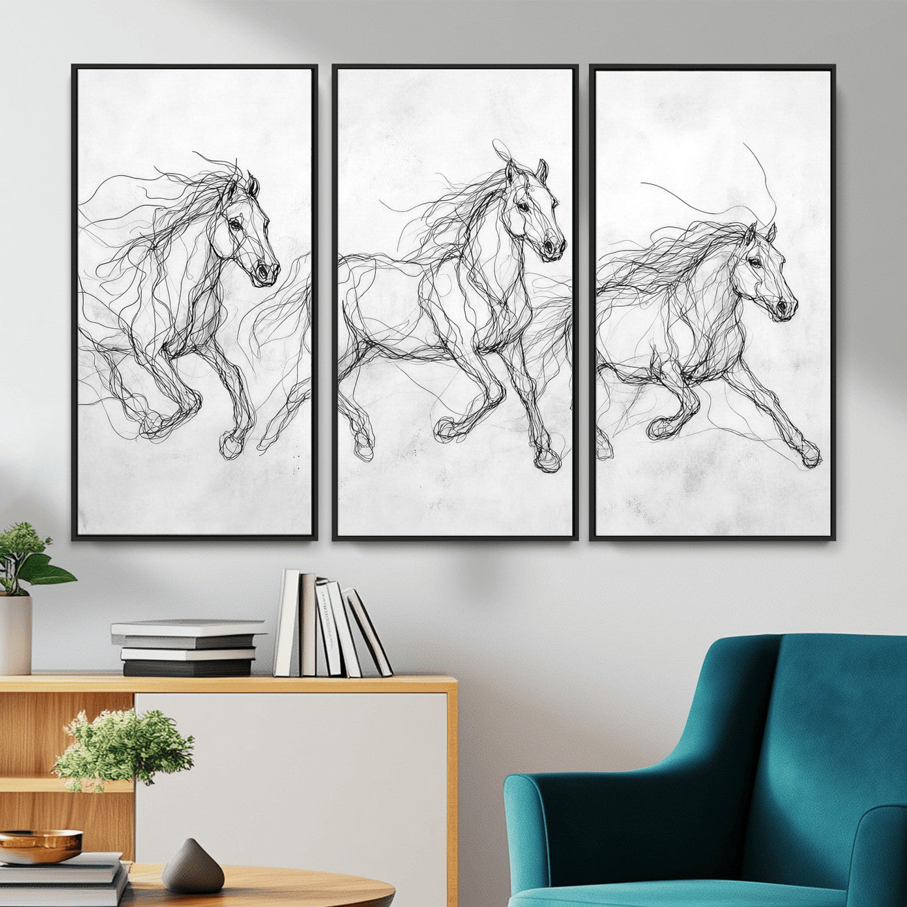 53600119-MGV-CV-36X24 - Monochrome Horse Canvas Wall Art, Black Ink Sketch Wild Horses Print, Minimalist Equestrian Artwork, Modern Abstract Line Decor, Urban Loft Gift