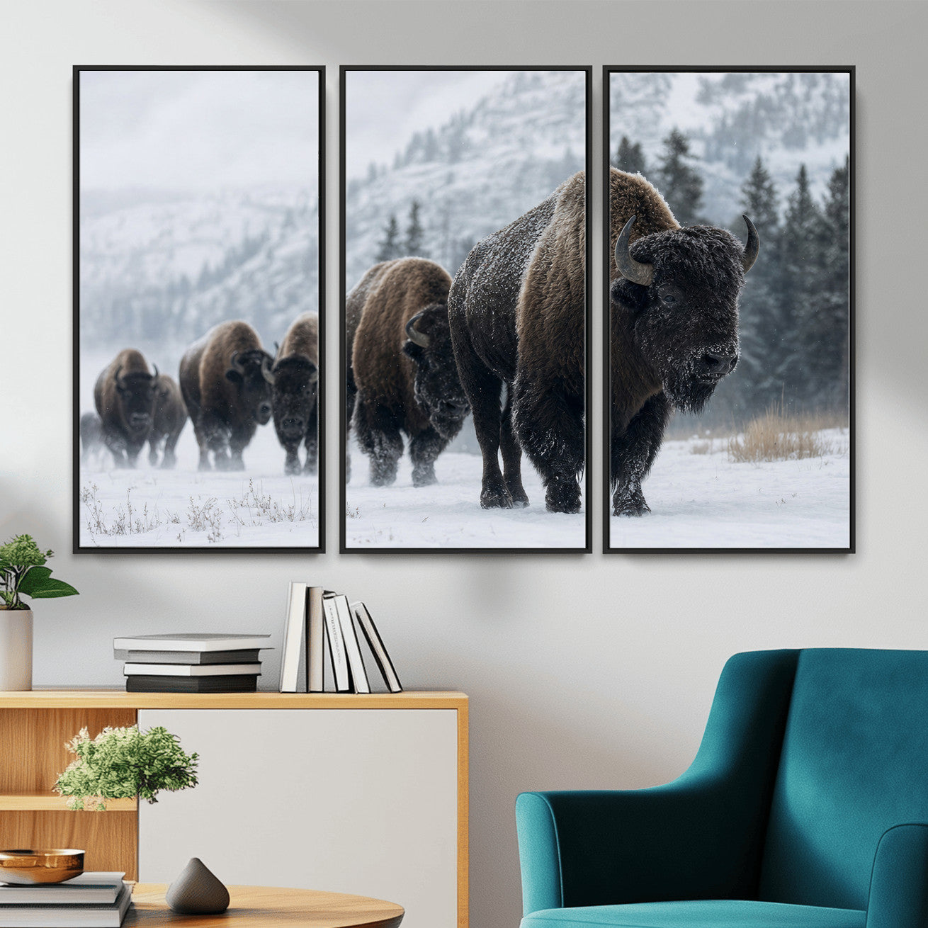 18343289-MGV-CV-36X24 - Rustic Bison Wall Art, American Buffalo Photo Print, Wildlife Canvas Artwork, Snowy Mountain Decor, Large Nature Poster, Cabin Gift Idea