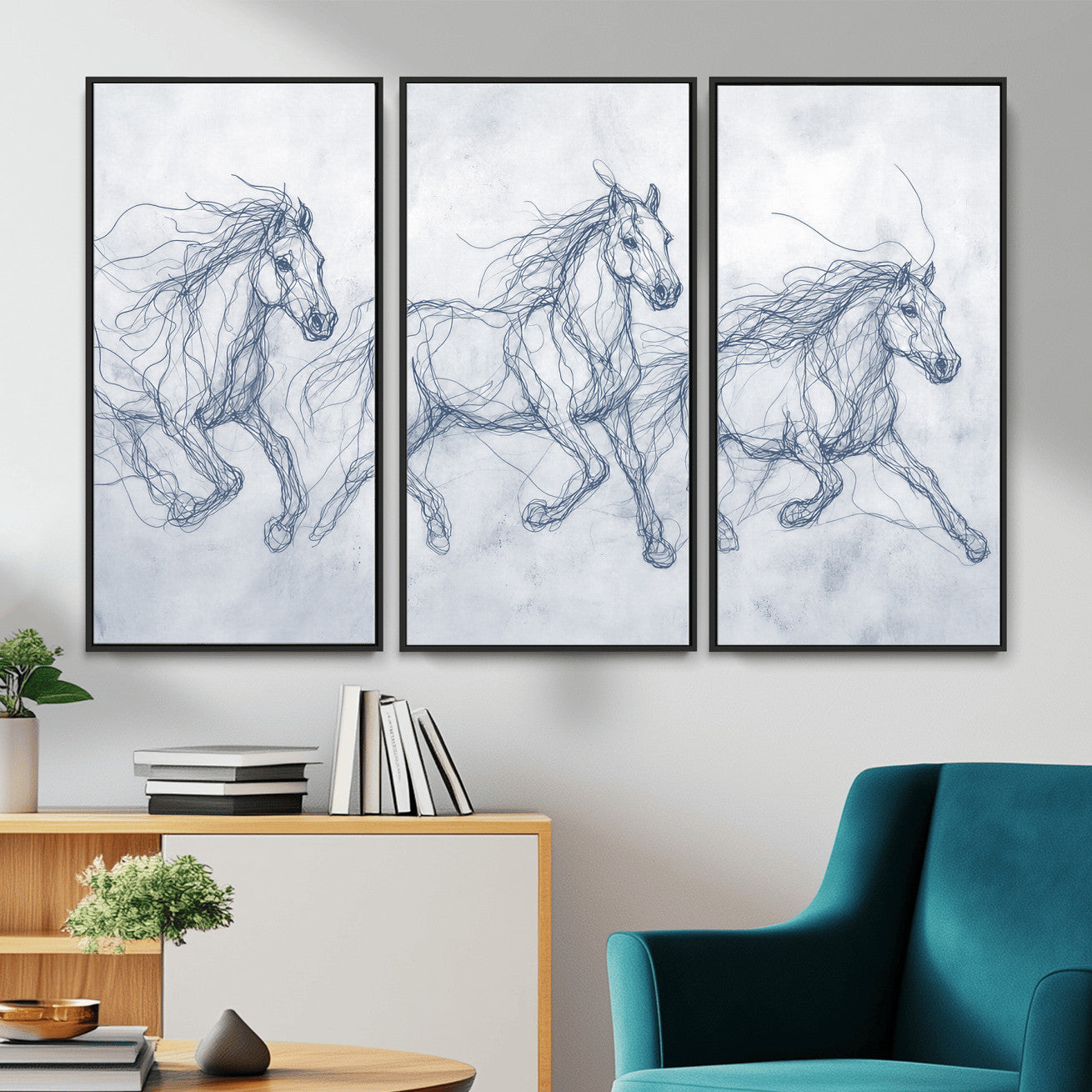 41163601-MGV-CV-36X24 - Indigo Blue Horse Line Art Canvas, Steel Grey Wild Horses Print, Abstract Navy Scribble Artwork, Modern Slate Equine Wall Decor, Coastal Ranch Gift