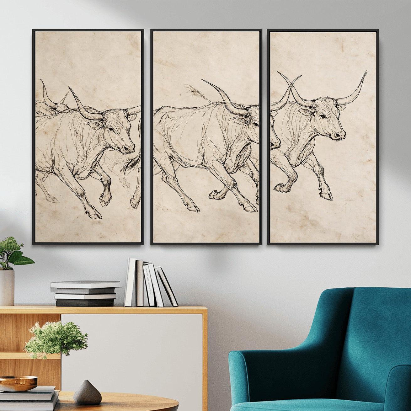 87177621-MGV-CV-36X24 - Minimalist Longhorn Line Art, Modern Texas Bull Canvas Print, Abstract Western Wall Decor, Continuous Line Artwork, Black White Ranch Gift