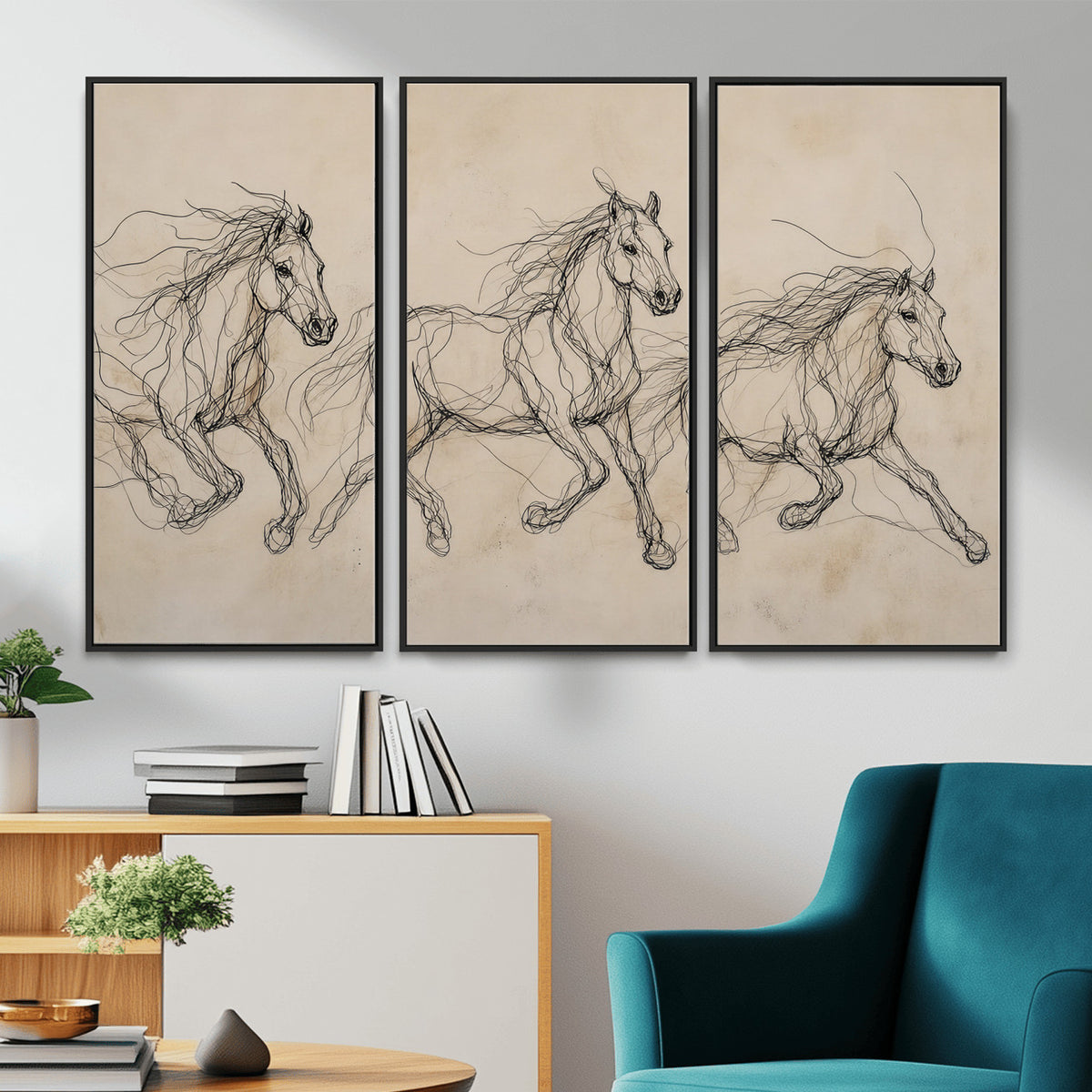 81051673-MGV-CV-36X24 - Abstract Horse Line Art Canvas, Gesture Sketch Wild Horses Print, Modern Scribble Artwork, Minimalist Equine Wall Decor, Rustic Studio Gift