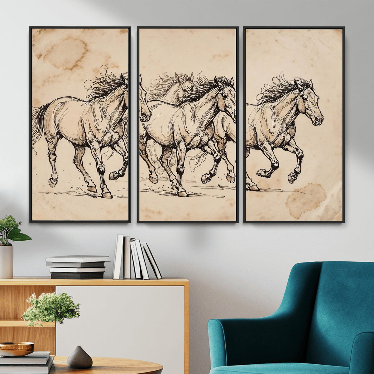 18242163-MGV-CV-36X24 - Vintage Horse Sketch Canvas Wall Art, Wild Horses Pencil Drawing Print, Antique Parchment Western Decor, Equine Sketching, Country Manor Gift
