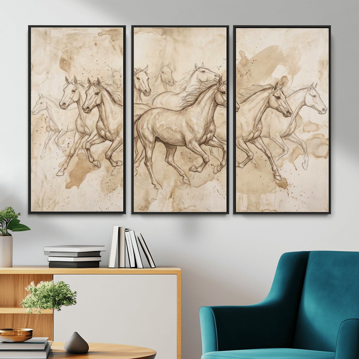 52233469-MGV-CV-36X24 - Vintage Horse Sketch Canvas Wall Art, Wild Horses Pencil Drawing Print, Antique Parchment Western Decor, Equine Sketching, Country Manor Gift
