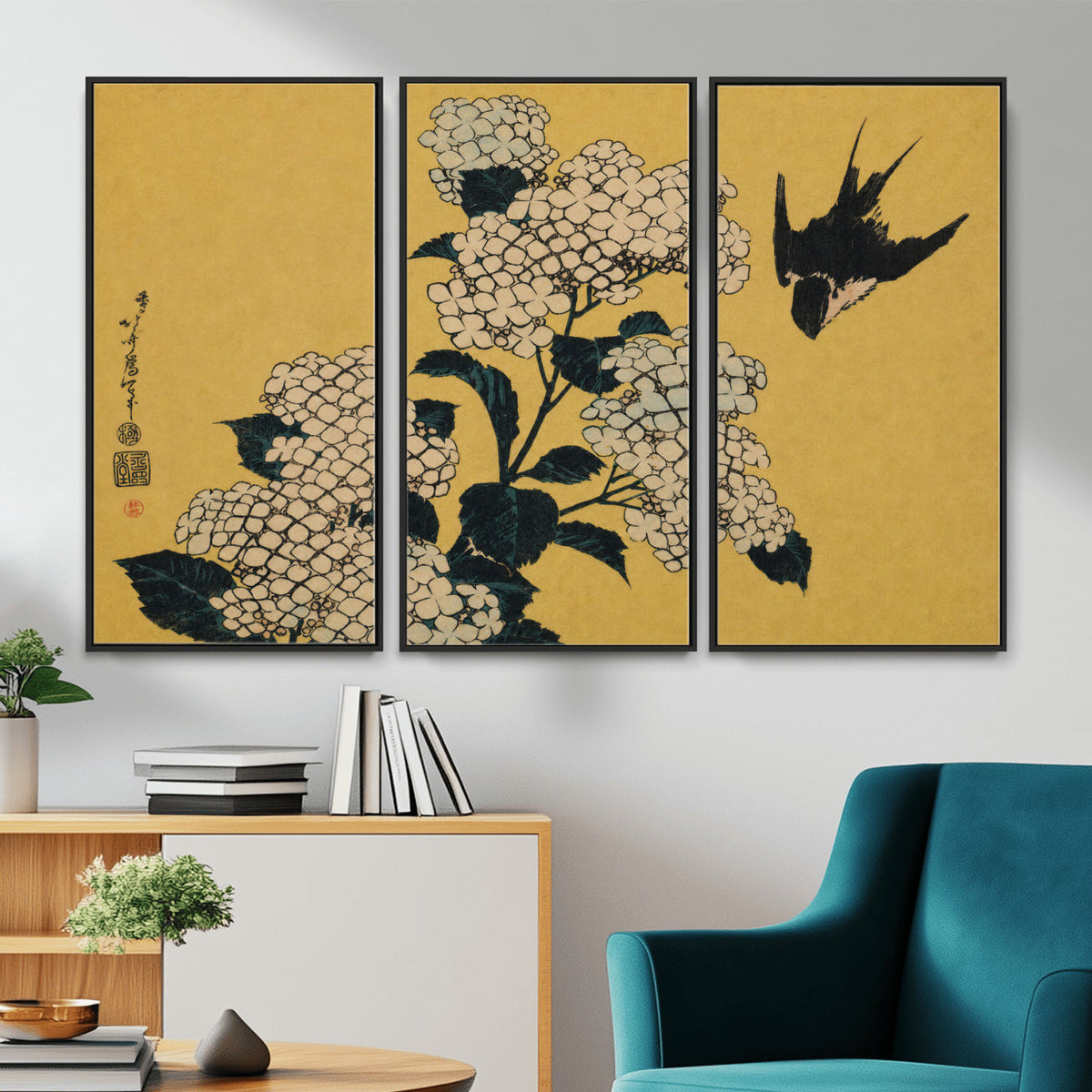 92483501-MGV-CV-36X24 - Katsushika Hokusai Hydrangea and Swallow Wall Art Canvas Print, Japanese Woodblock Painting Print
