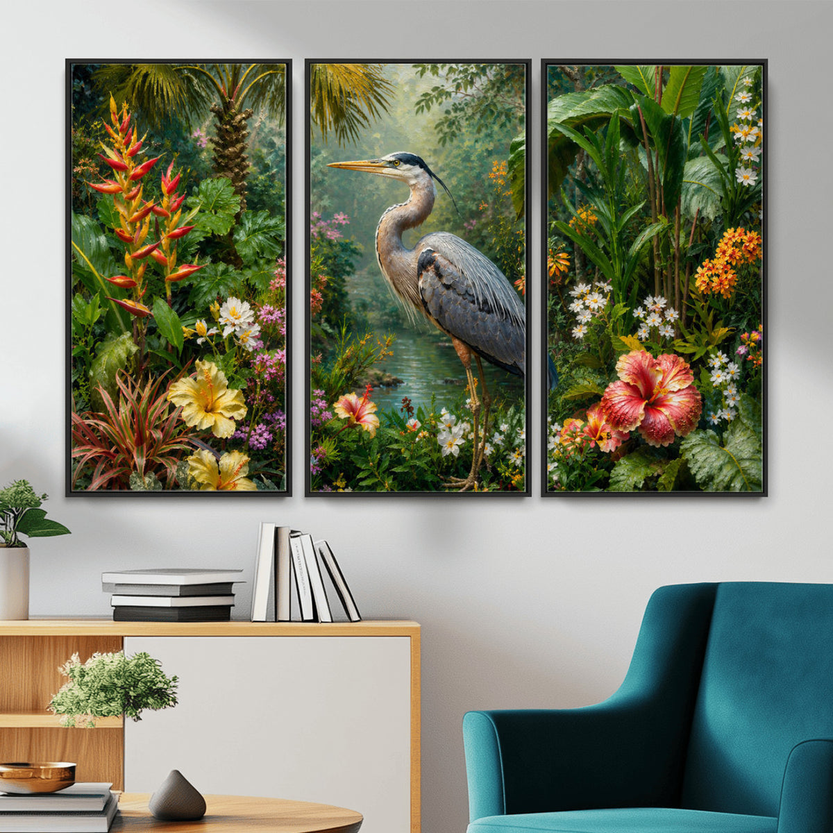 81059387-MGV-CV-36X24 - Great Blue Heron Tropical Jungle Wall Art Canvas Print, Exotic Botanical Garden Painting Print