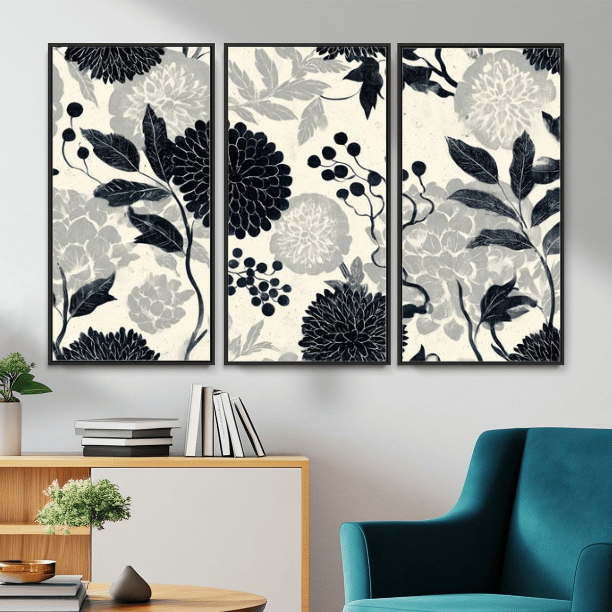 61524791-MGV-CV-36X24 - Vintage Black Chrysanthemum Wall Art Canvas Print, Monochrome Dhalia Floral Painting Print