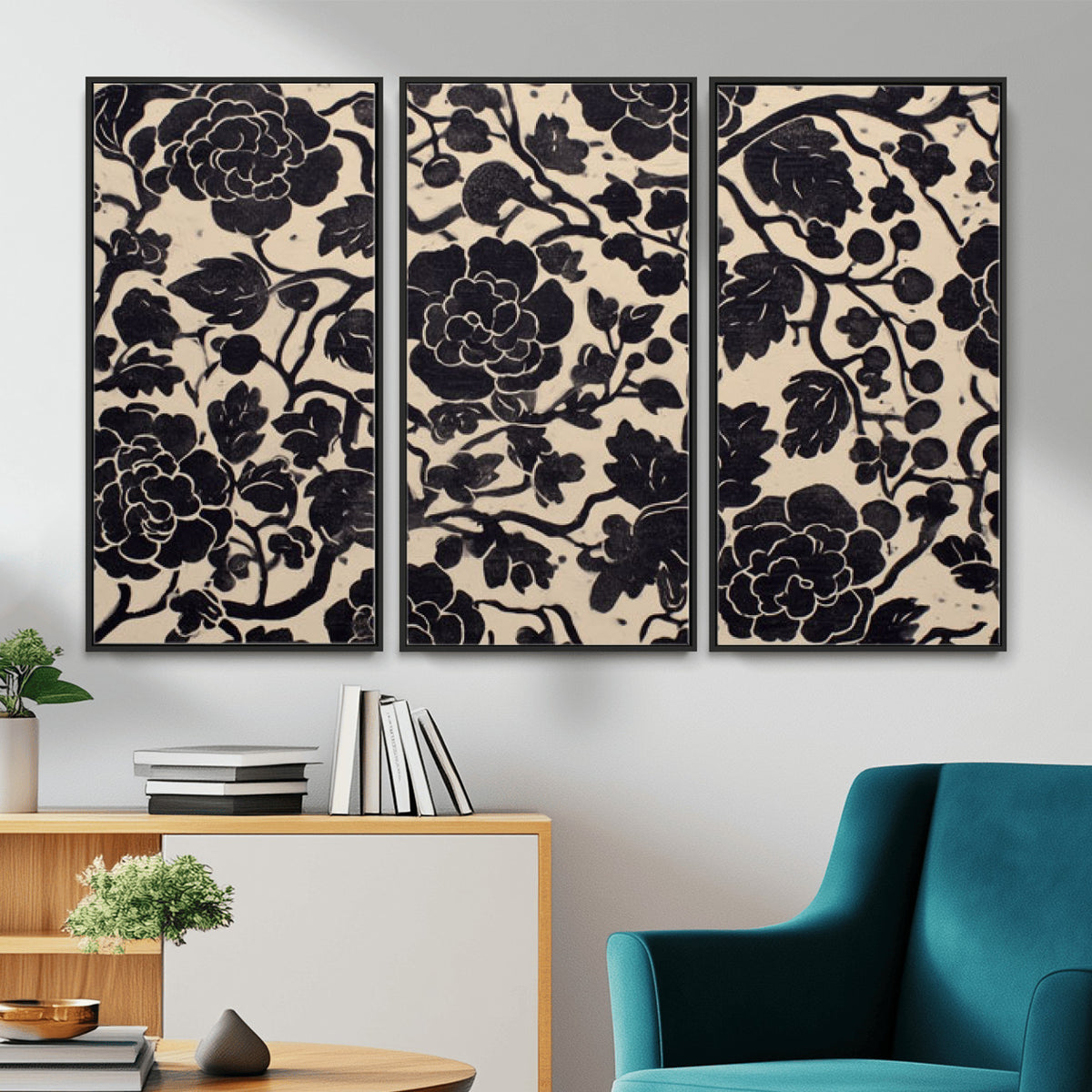 86696255-MGV-CV-36X24 - Vintage Black and Cream Floral Wall Art Canvas Print, Chinoiserie Botanical Painting Print