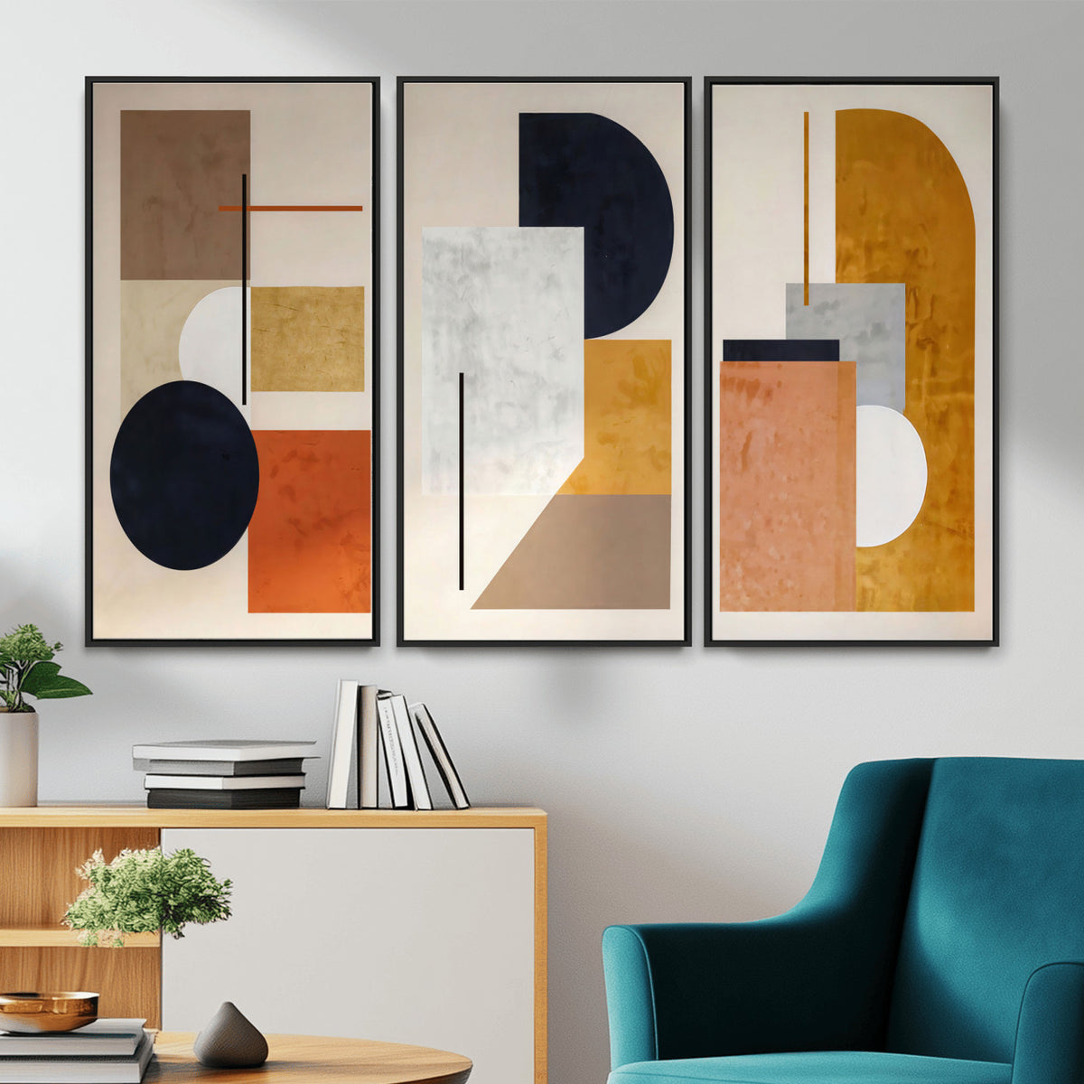 87361249-MGV-CV-48X32-3P - Mid Century Modern Geometric Canvas Wall Art, Abstract Triptych Print