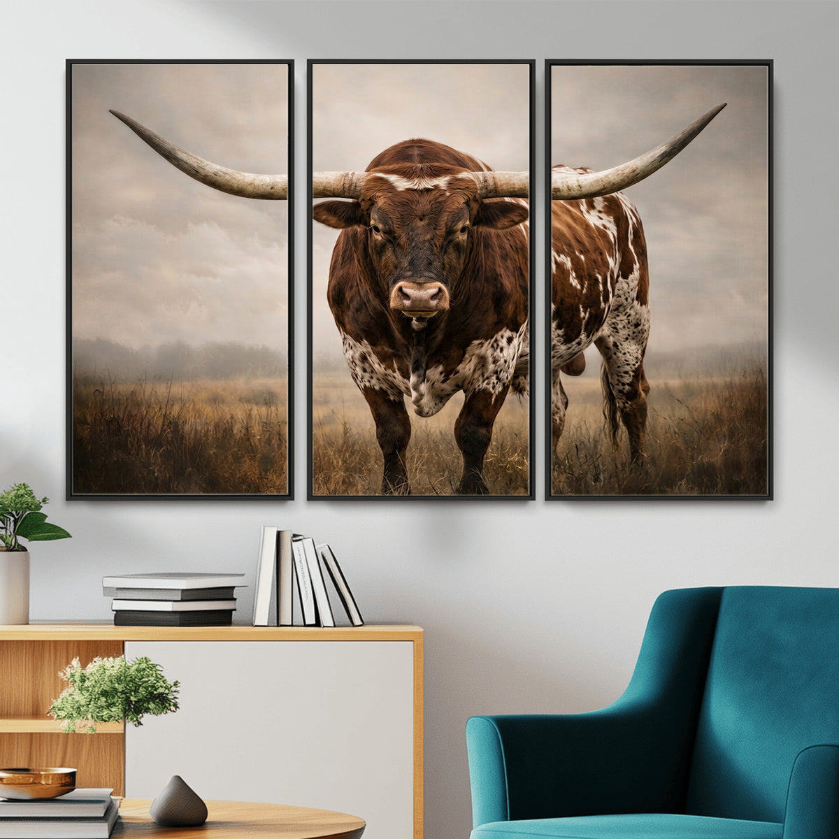 25239047A-MGV-CV-36X24 - Texas Longhorn Canvas Wall Art Western Bull Desert Moody Grey Overcast Rustic Farmhouse Framed Large for Living Room Bedroom Office Decor