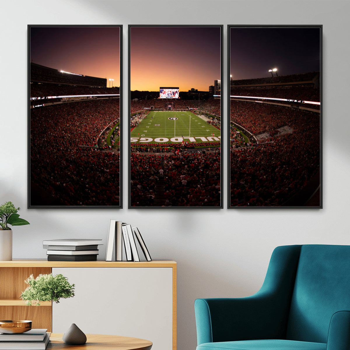 97720998-_Poster-30x20 - Georgia Bulldogs Stadium Sunset Canvas Print 3 Piece Framed Wall Art Extra Large Floating Frame Sports Poster Made in USA