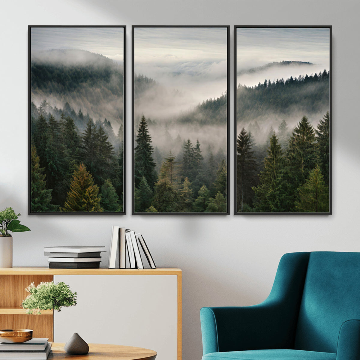 38409495-_Poster-30x20 - Misty Pine Valley Mountain Canvas Print 3 Piece Framed Wall Art Extra Large Floating Frame Nature Poster Made in USA