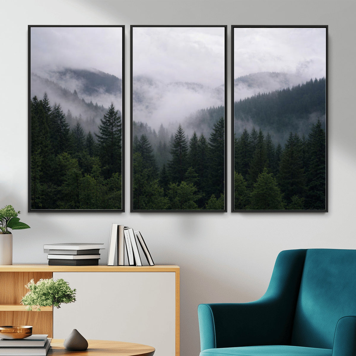 25432119-_Poster-30x20 - Misty Mountain Pine Forest Canvas Print 3 Piece Framed Wall Art Extra Large Floating Frame Nature Poster Made in USA