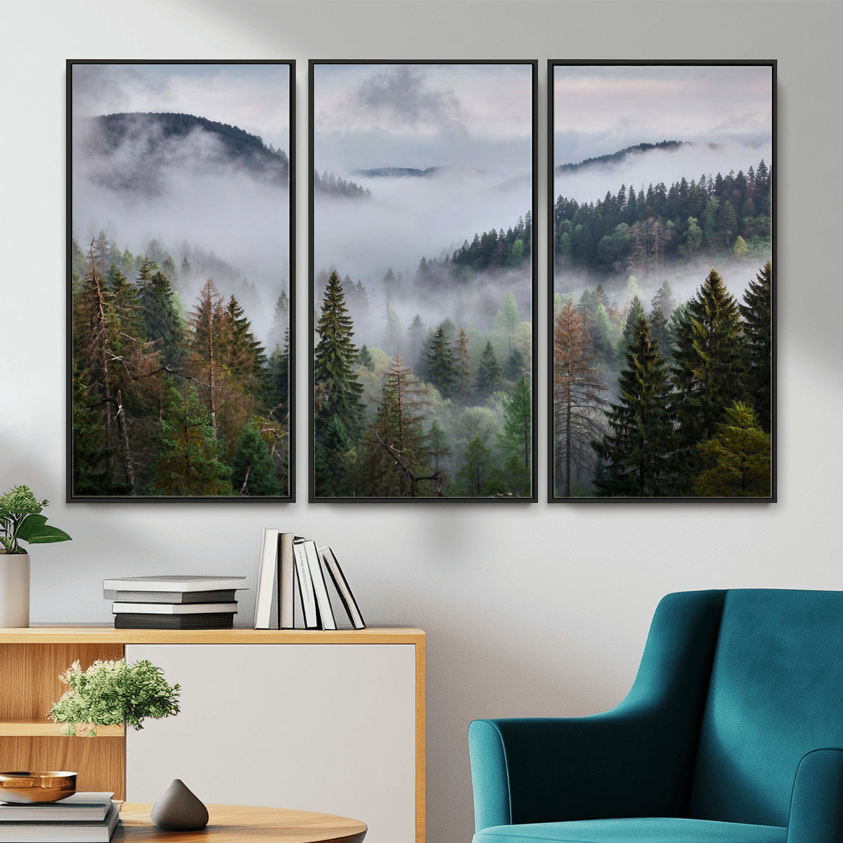18735847-_Poster-30x20 - Foggy Pine Forest Mountain Canvas Print 3 Piece Framed Wall Art Extra Large Floating Frame Nature Poster Made in USA
