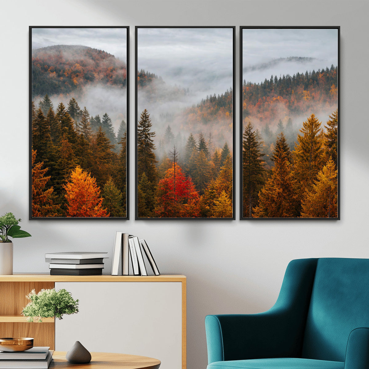 87481341-_Poster-30x20 - Foggy Autumn Mountain Canvas Print Smoky Pine Forest Wall Art Panoramic Nature Poster 3 Piece Made in USA