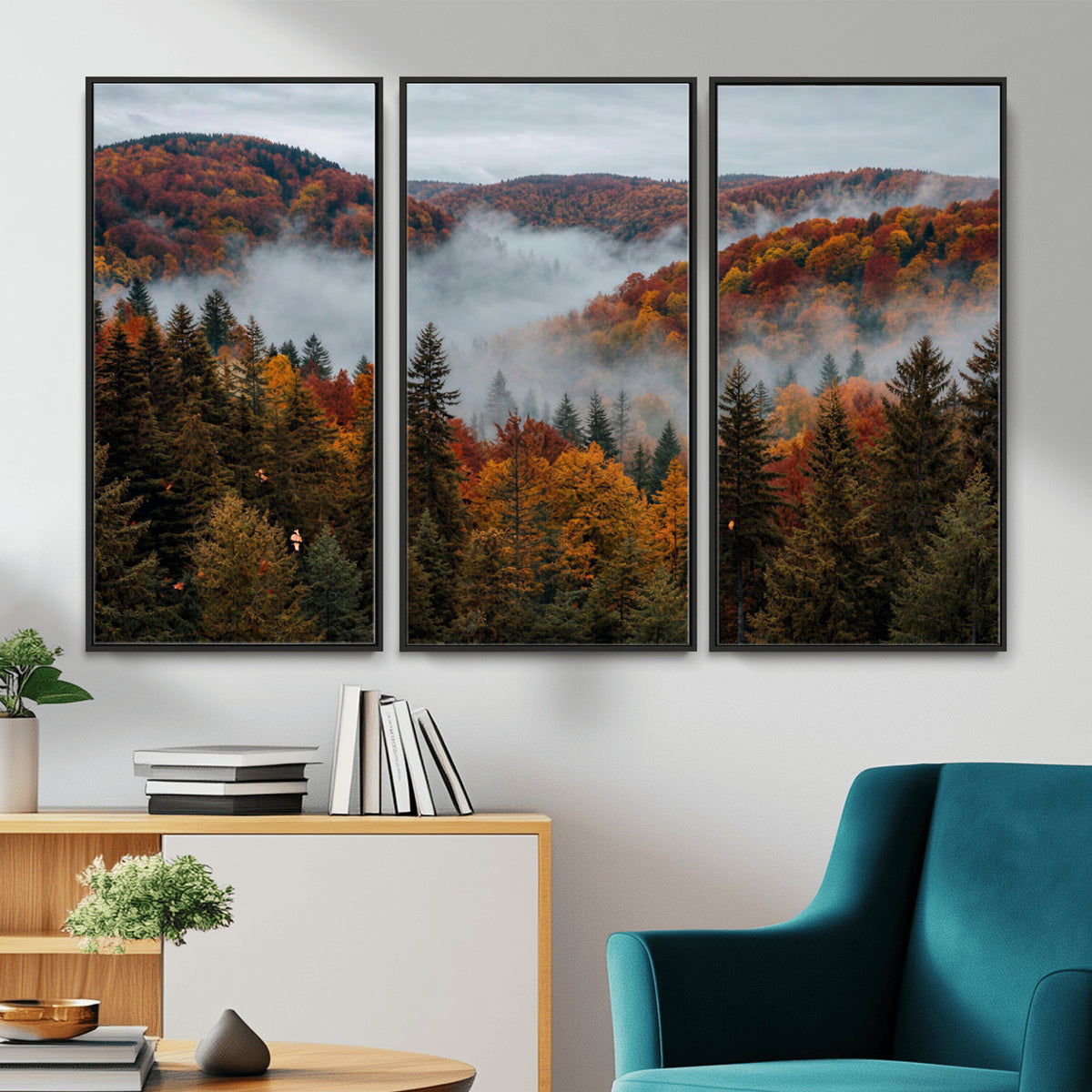 26686263-_Poster-30x20 - Misty Autumn Forest Mountain Canvas Print 3 Panel Wall Art Gallery Wrapped Floating Frame Poster Made in USA
