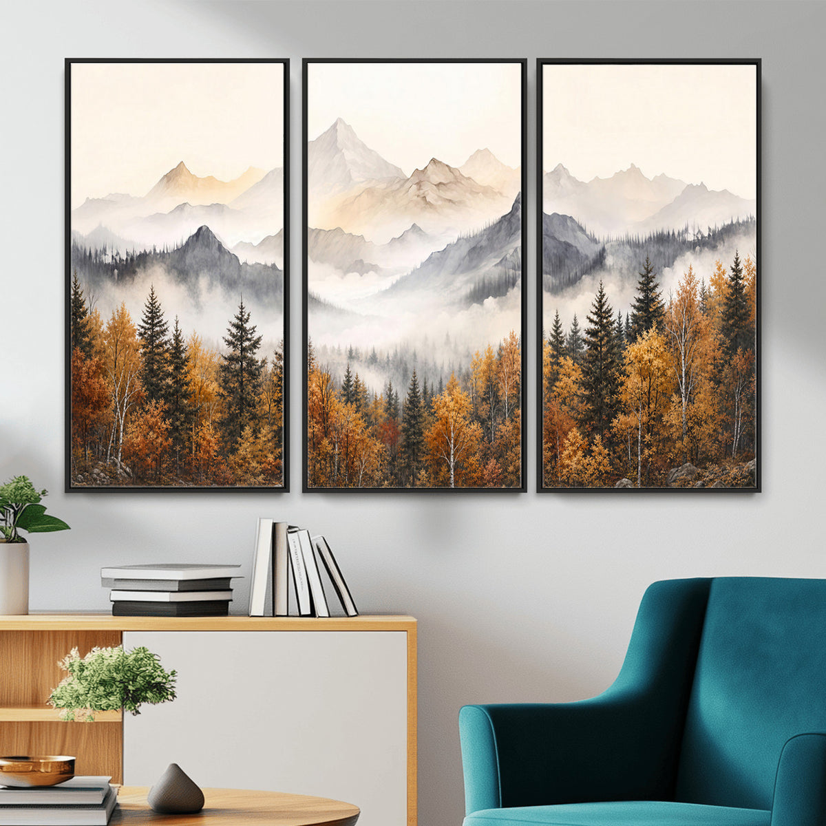 19544118-MGV-TP-30X20 - Misty Mountain Autumn Forest Canvas Wall Art - Watercolor Fall Nature Landscape Print