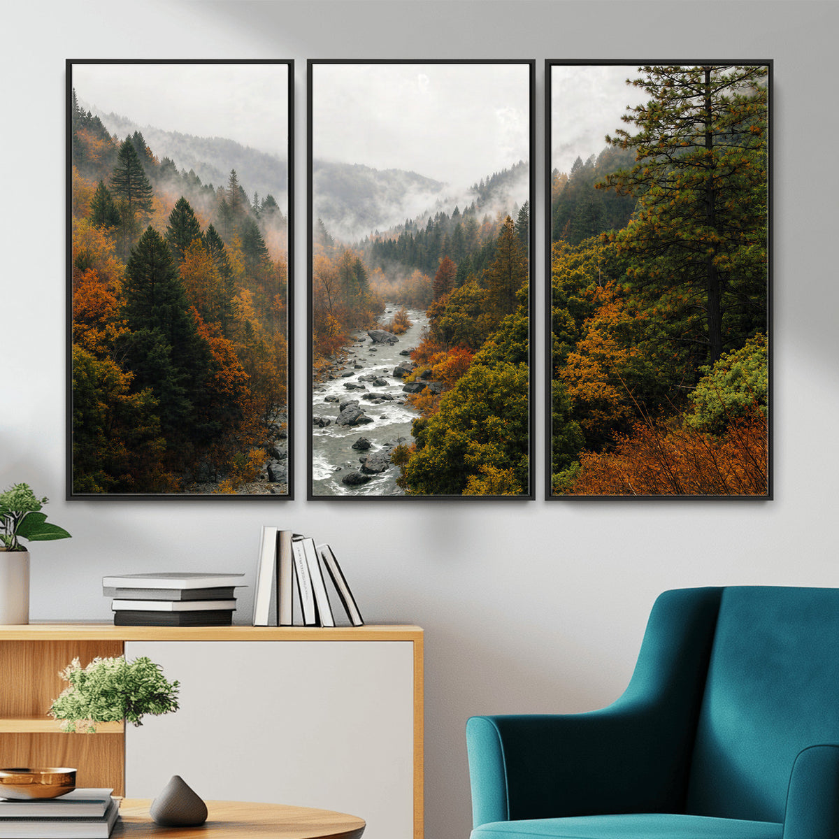 95540697-MGV-TP-30X20 - Misty River Mountain Valley Canvas Wall Art - Autumn Forest Landscape Nature Print