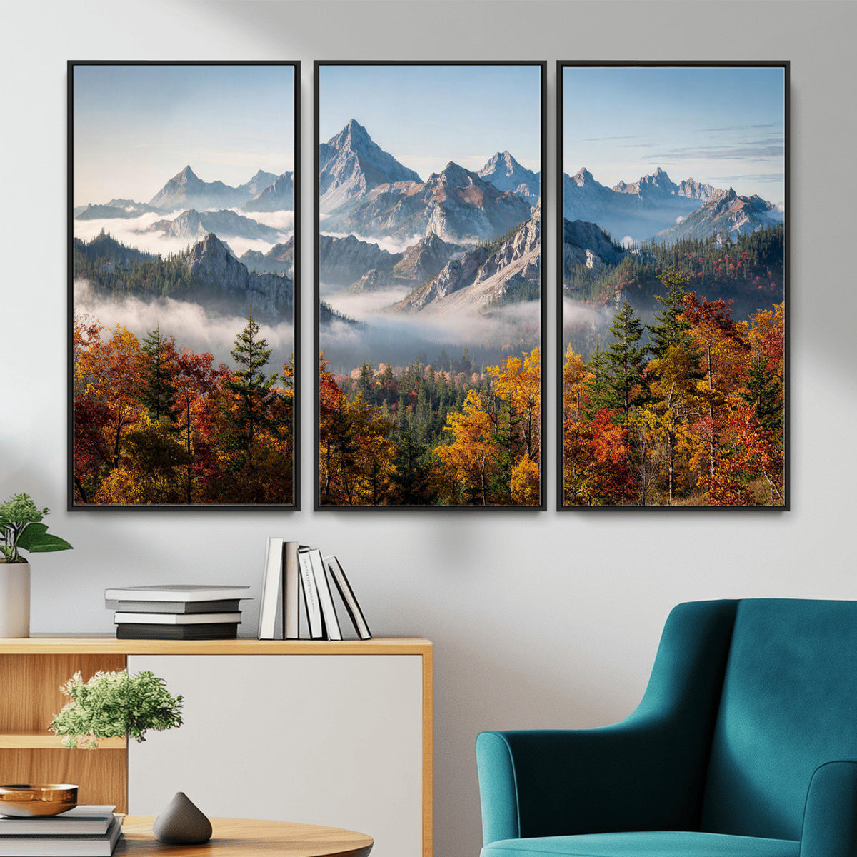 38847944-MGV-TP-30X20 - Majestic Mountain Peak Canvas Wall Art - Panoramic Autumn Forest Fog Landscape Print