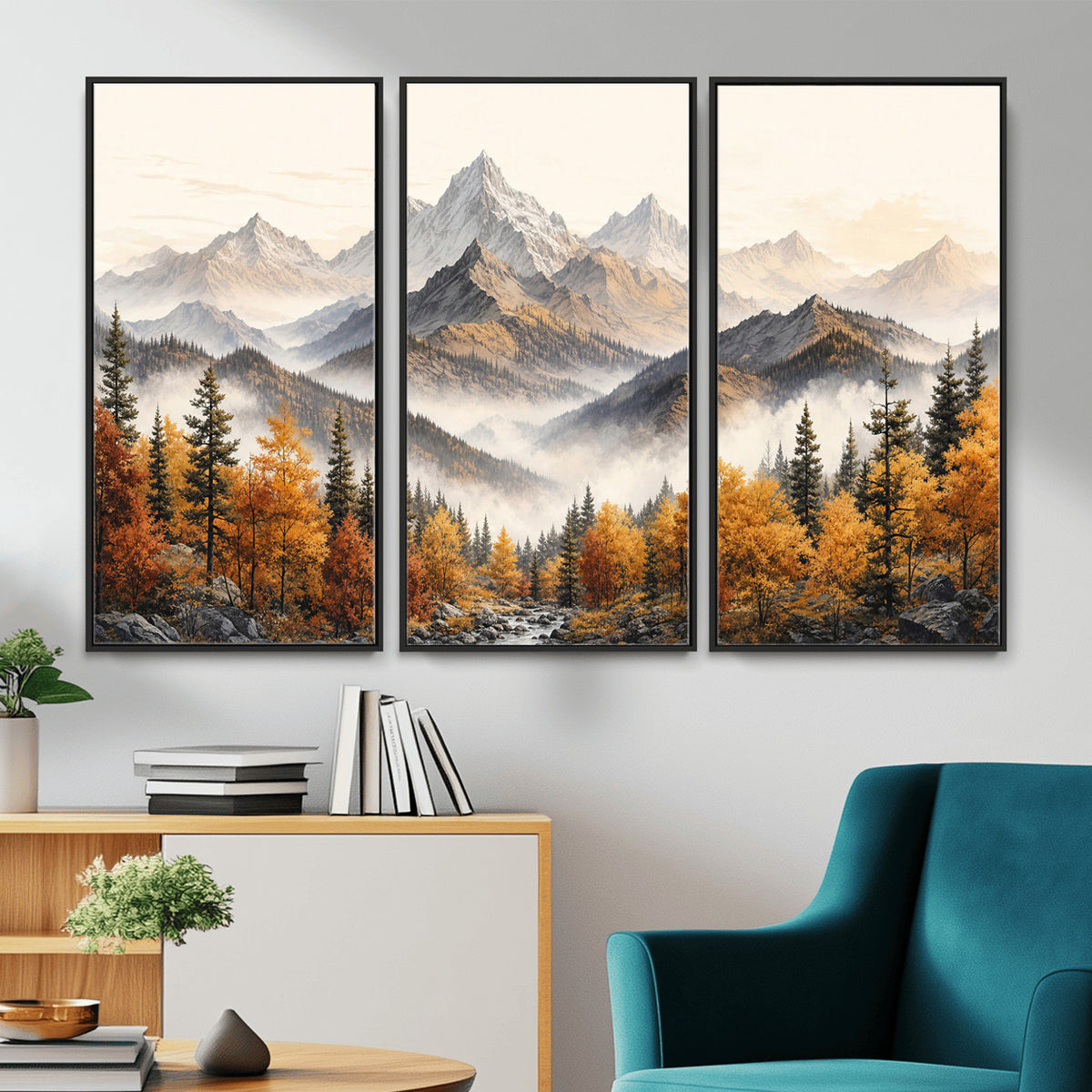21309099-MGV-TP-30X20 - Extra Large Misty Mountain Autumn Forest Canvas Wall Art - Watercolor Fall Nature Landscape Print
