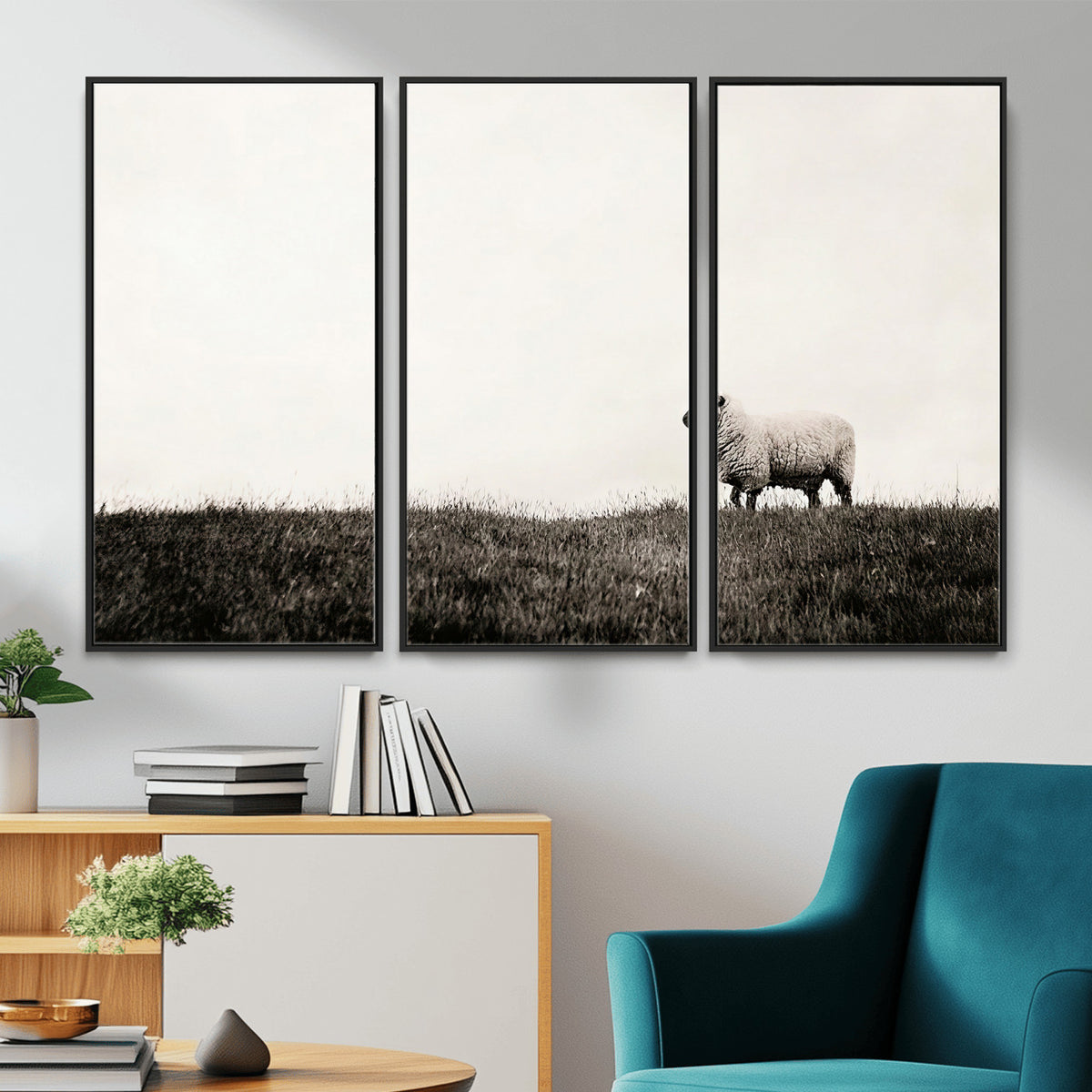 72749448-MGV-TP-30X20 - Minimalist Sepia Sheep Canvas Wall Art - Rustic Farmhouse Country Landscape Print