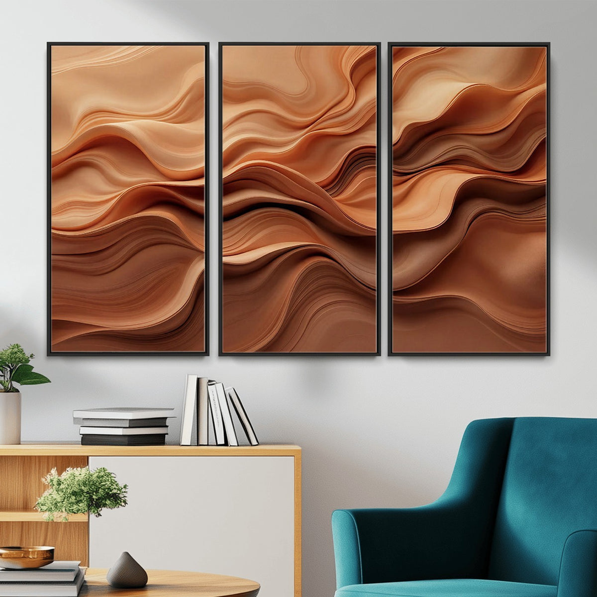82230697-_Poster-30x20 - Modern Abstract Fluid Waves Canvas Wall Art - Minimalist Warm Terracotta Beige Sand Print