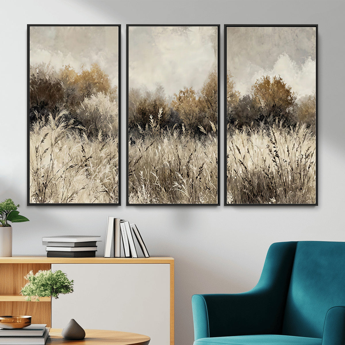 53959945-MGV-TP-30X20 - Muted Neutral Forest Landscape Canvas Wall Art - Vintage Rustic Wildflower Meadow Print