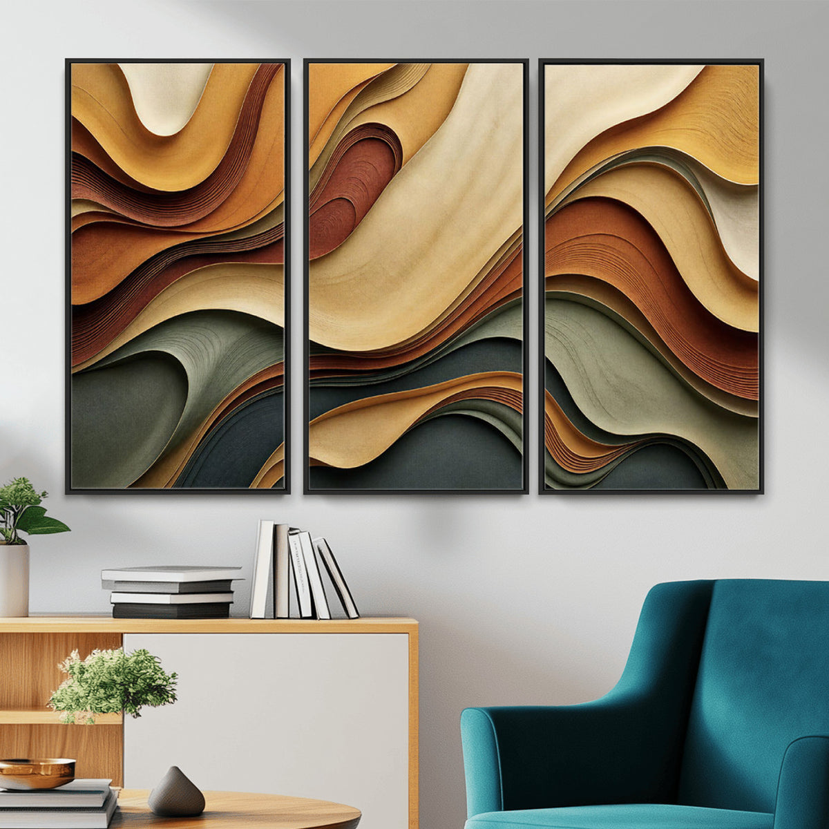 19337902-MGV-CV-36X24 - Modern Abstract Waves Canvas Wall Art - Minimalist Earthy Tone Living Room Decor