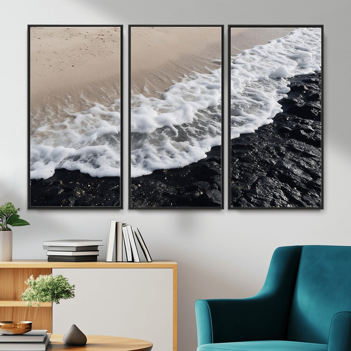 27448606-MGV-CV-24X16 - Ocean Wave Foam on Black Lava Rock Beach Canvas Wall Art Print