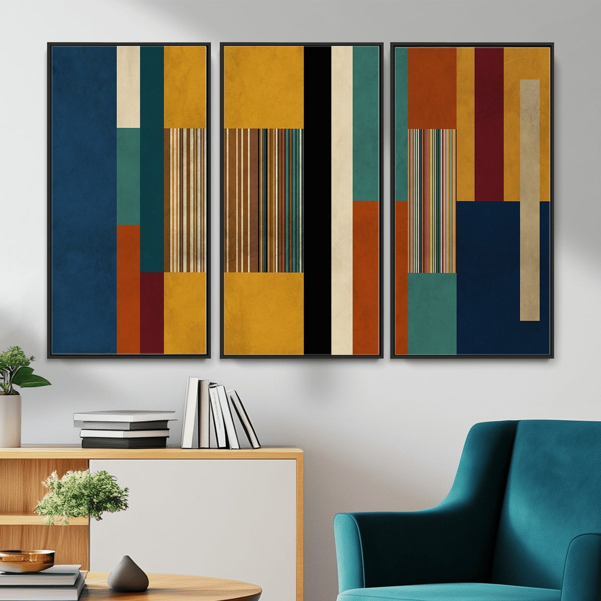 53992657-MGV-CV-48X32-3P - Mid Century Abstract Color Block Canvas Wall Art, Geometric Striped Canvas Print