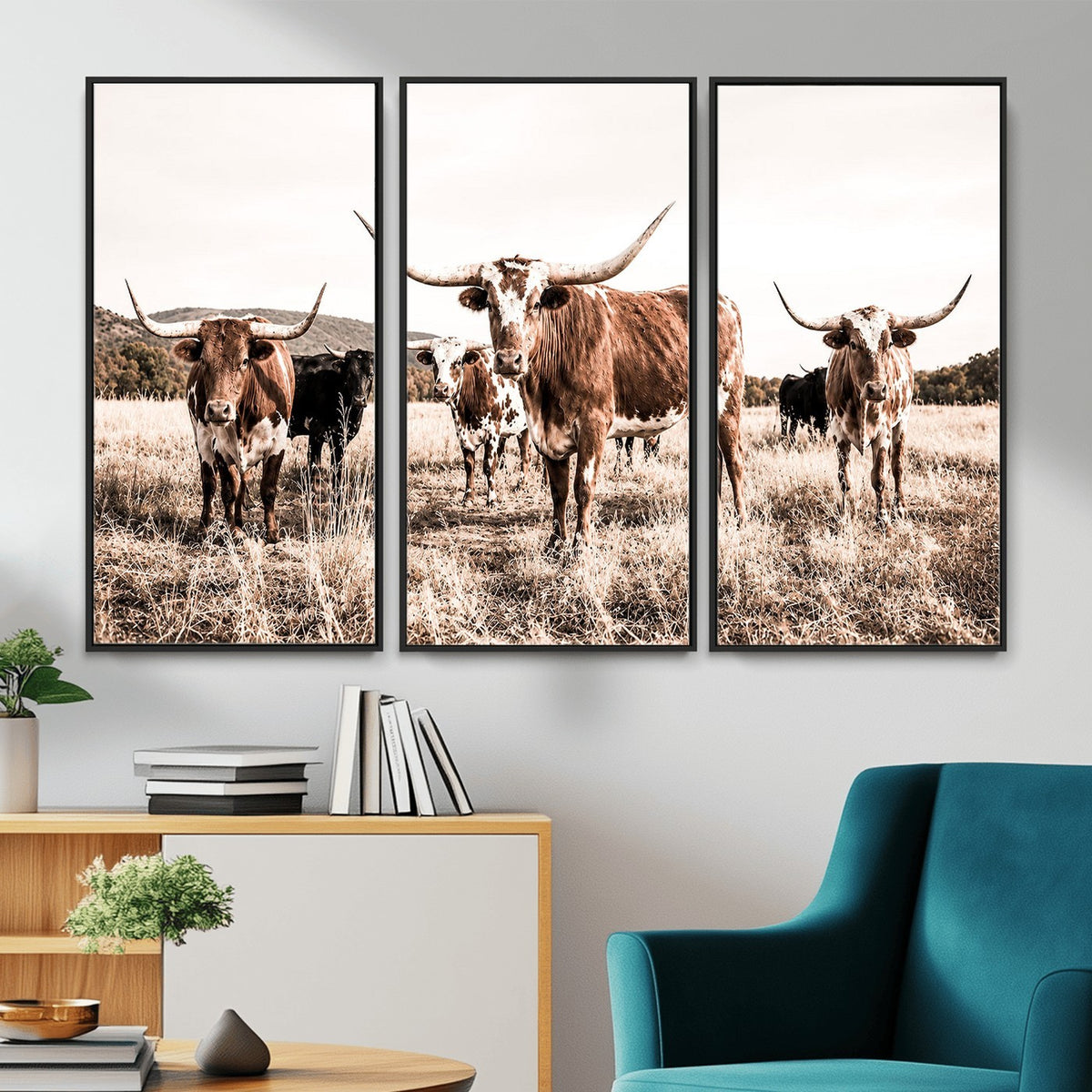 25234808-MGV-CV-48X32-3P - Texas Longhorn Cattle Canvas Wall Art, Western Ranch Home Decor