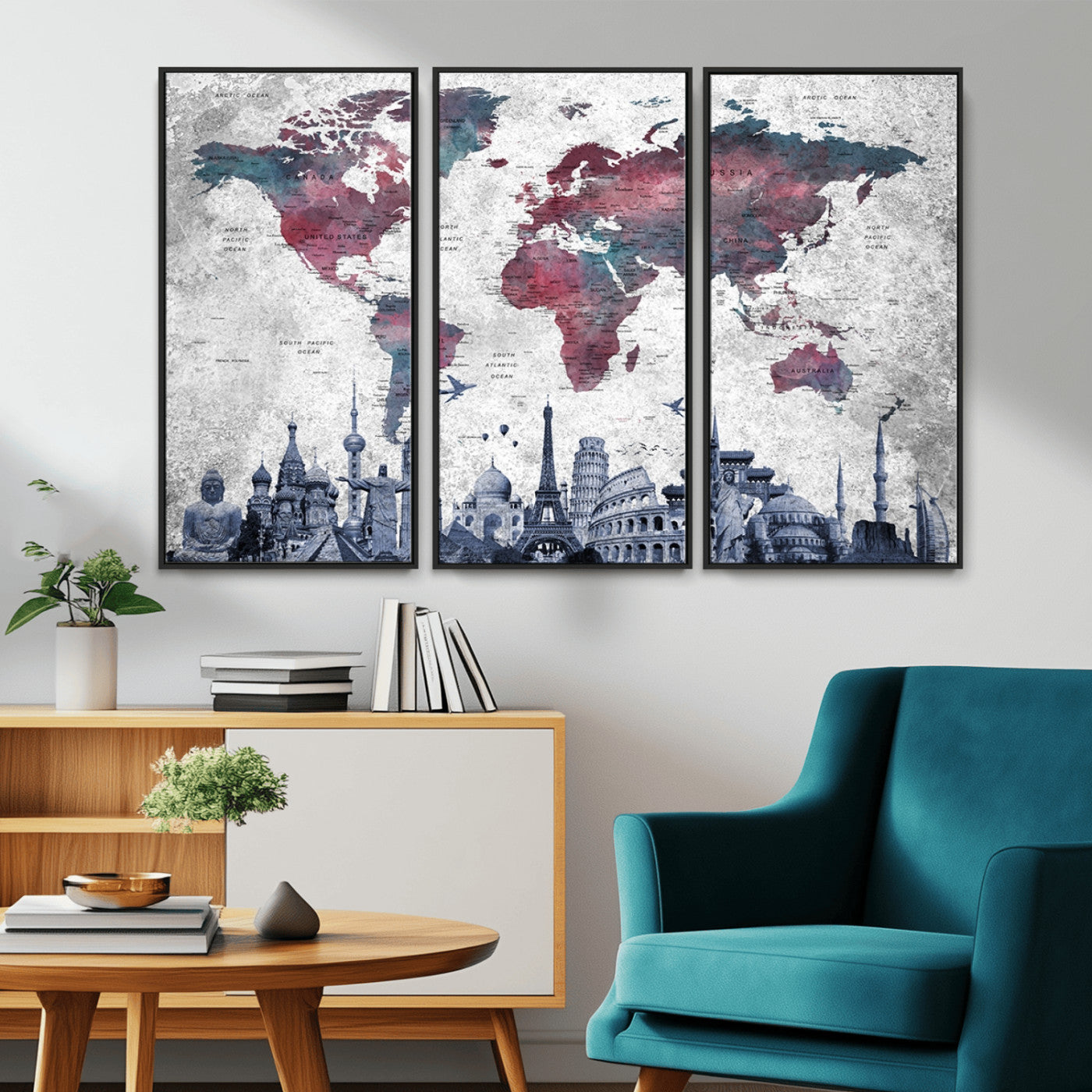 MGV-FC-48X32-3P - Push Pin World Map Canvas Print – Framed Wall Art for Couples to Track Their Travels – Anniversary
