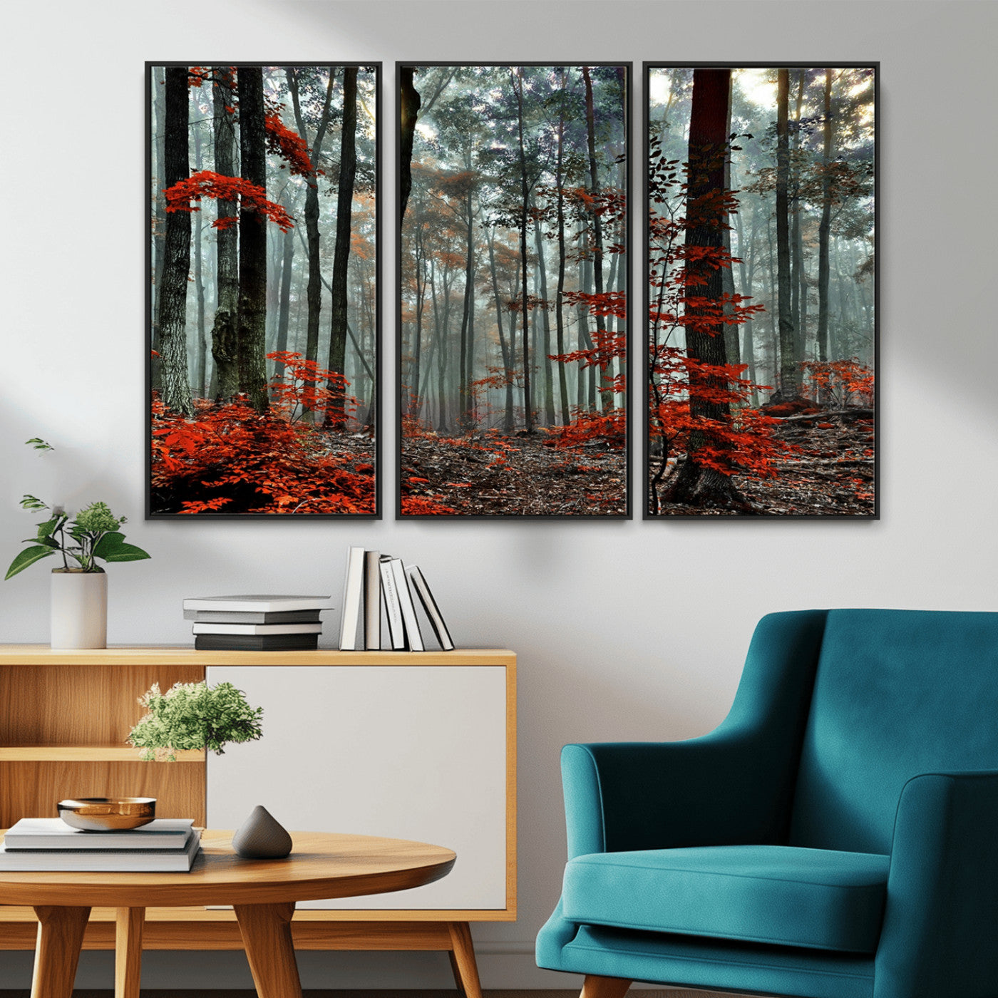 MGV-FC-48X32-3P - Autumn Forest Canvas Wall Art – Enchanting Red Leaves Triptych Print – Nature-Inspired Decor for