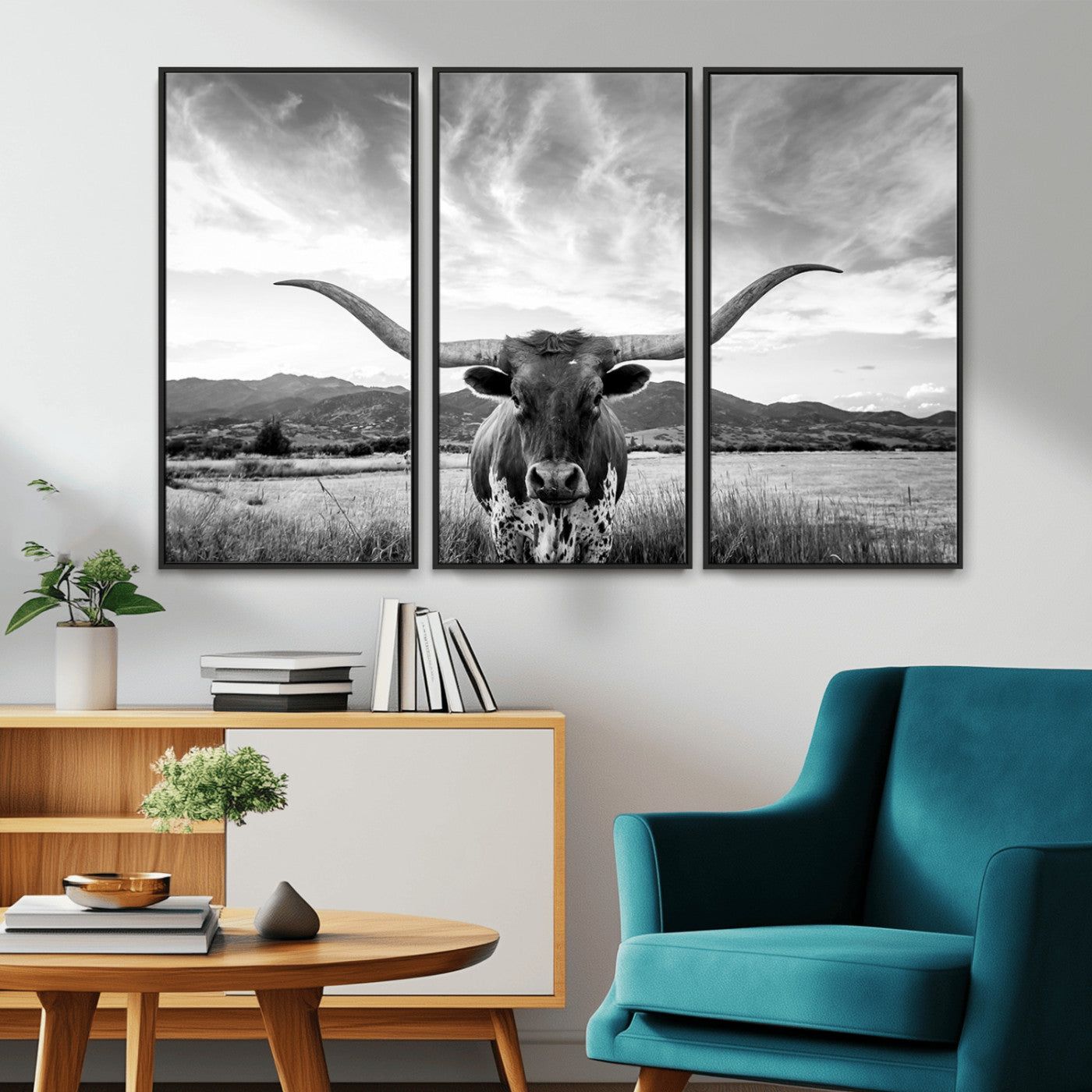 MGV-FC-48X32-3P - Longhorn Cow Wall Art Canvas Print Farmhouse Wall Art - Texas Longhorn Wall Art Print