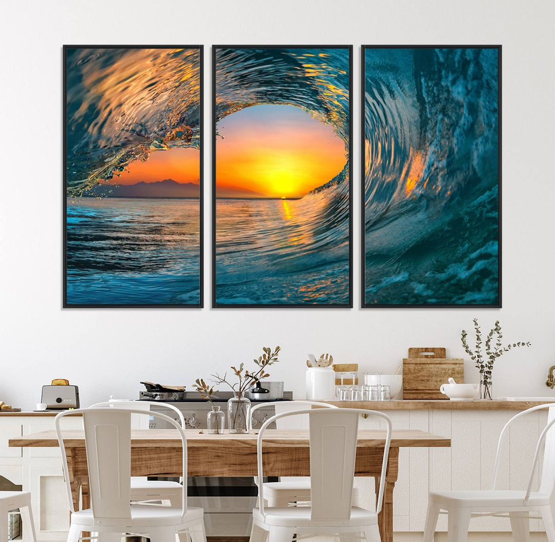 The Ocean Wave Sunset Wall Art canvas print features a vibrant ocean wave at sunset, forming a tunnel with silhouetted mountains.