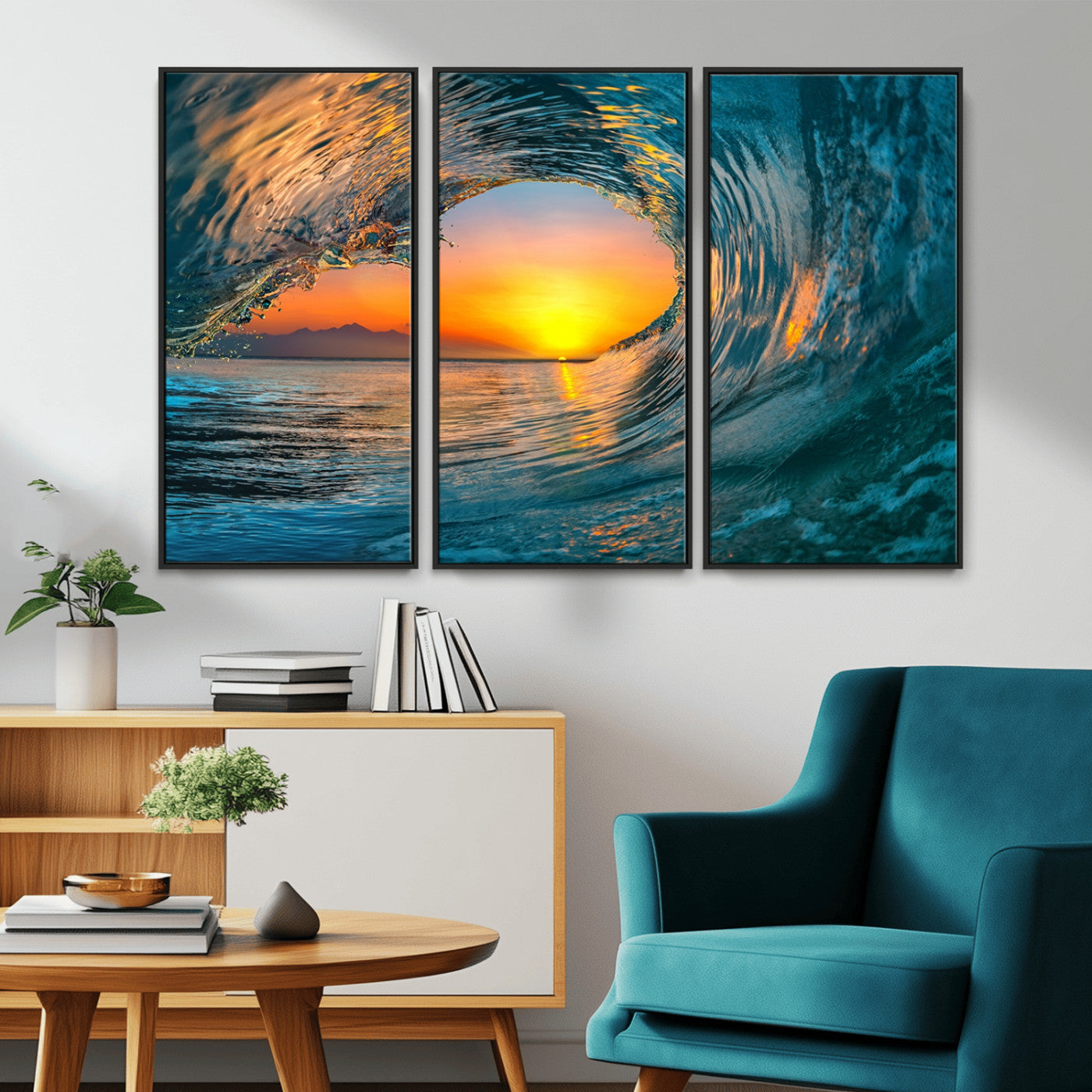MGV-FC-48X32-3P - Ocean Wave Sunset Wall Art | Large Coastal Wave Canvas Print | 3-Panel Ocean Sunset Seascape for