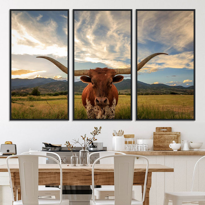 Texas Longhorn Canvas Wall Art – Majestic Triptych Animal Print – Rustic Western Decor for Living Room or Office – Ready to Hang