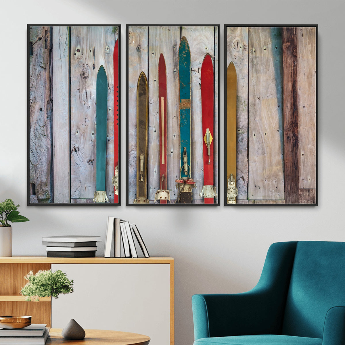 30640-MGV-CV-36X24 - Vintage Wooden Weathered Skis in Front of an Old Barn Wall Art Canvas Print