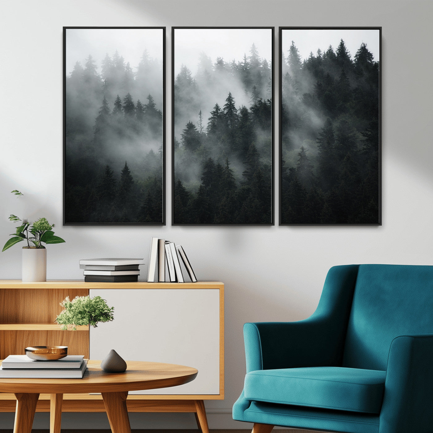 MGV-FC-48X32-3P - Foggy Forest Wall Art Canvas Print | 3 Panel Large Misty Landscape for Dining Room, Office, or