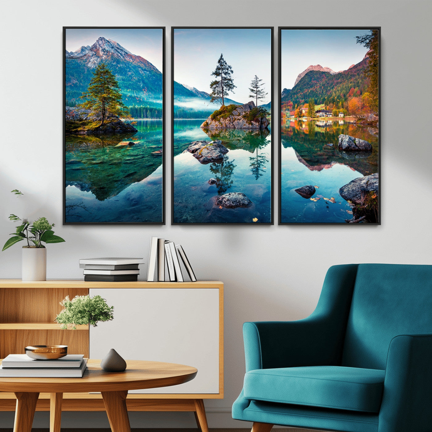 -Crystal Clear Lake Wall Art | Mountains Wall Art Canvas | 3 Panel Large Landscape Print for Dining