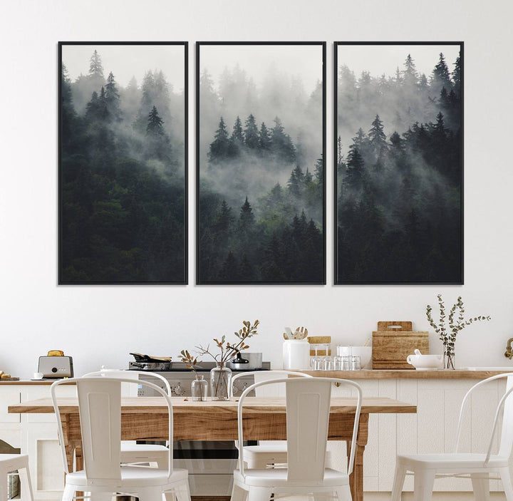 The Serene Triptych Print features tall evergreens, creating a mysterious and calming atmosphere.