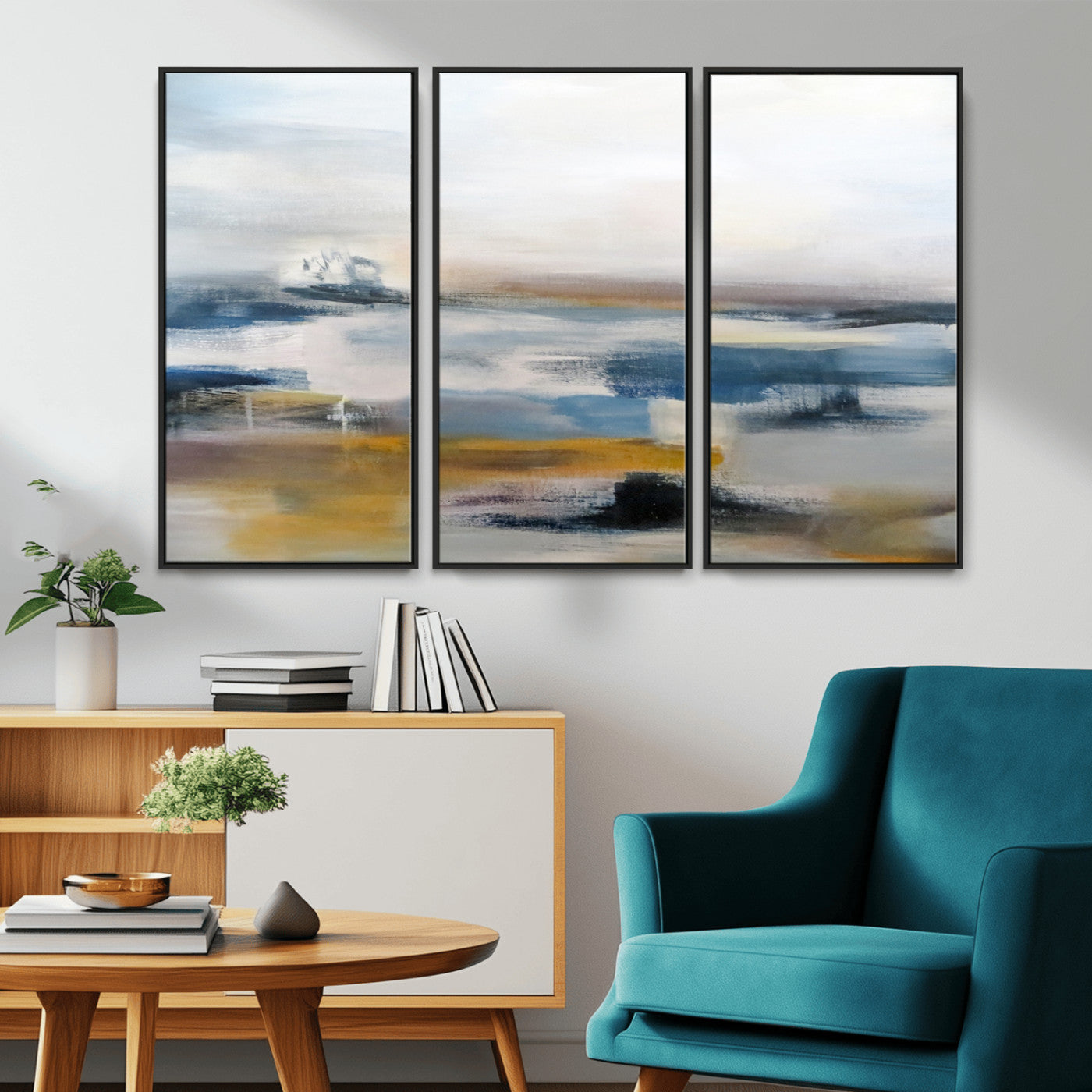 MGV-FC-48X32-3P - Abstract Landscape Wall Art Canvas | 3 Panel Modern Blue, Gold, and White Canvas Art for Living