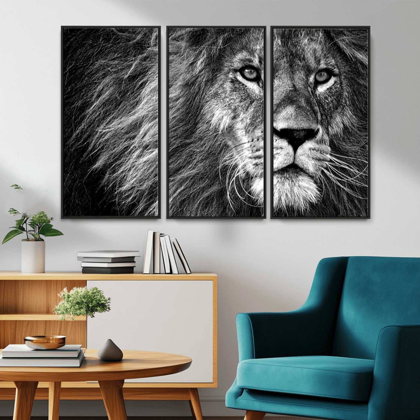 MGV-FC-48X32-3P - Black and White Lion Canvas Wall Art Print