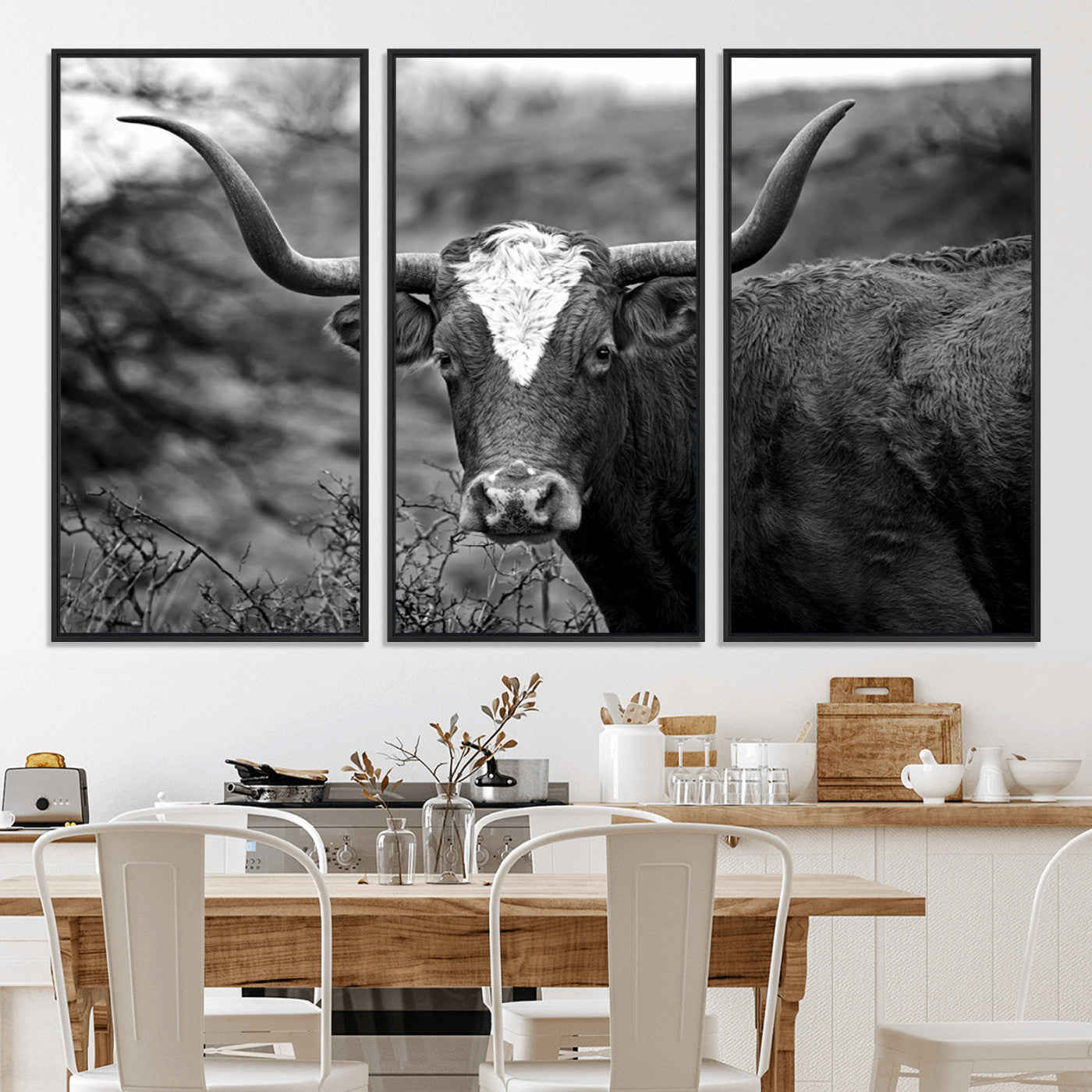 76200-MGV-CV-36X24-Western Home Wall Art Canvas Print, Framed Texas Longhorn Art Picture Print, Rustic Cow Perfect Rustic Farmhouse Decor Artwork