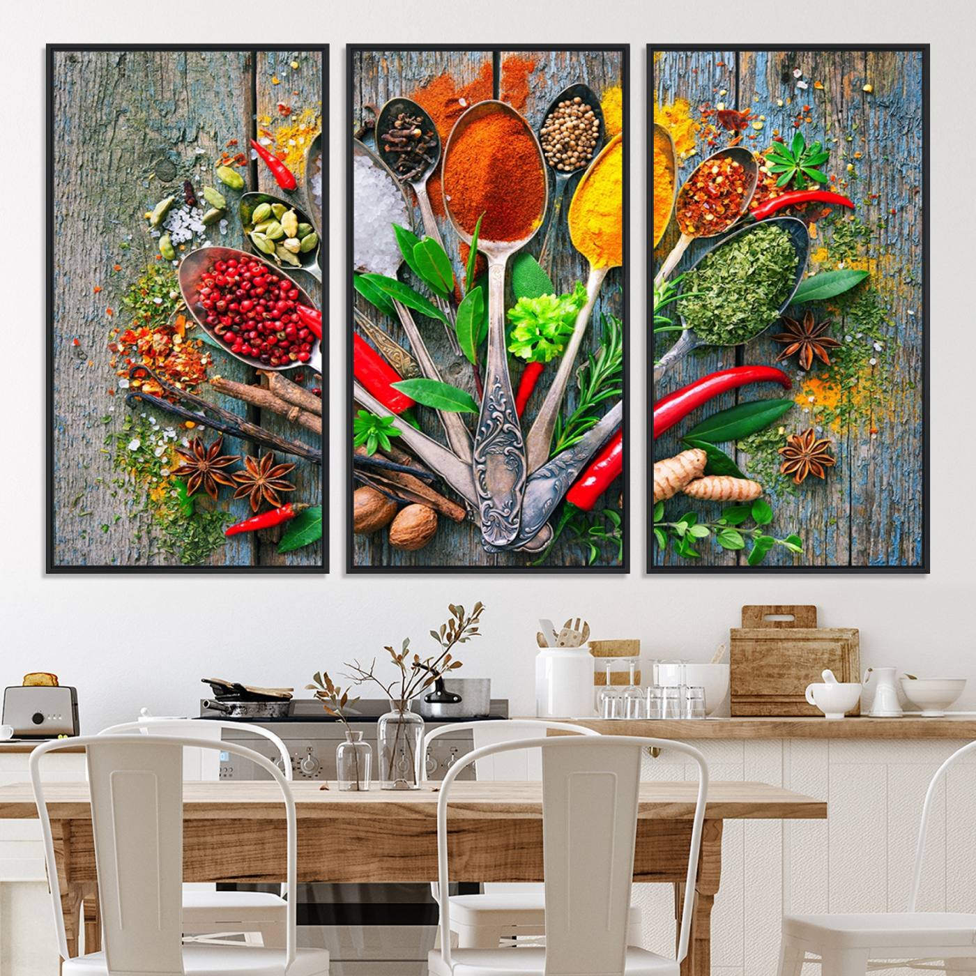 20619-MGV-CV-36X24-Spoonful of Spices Cooking Wall Art Canvas Print - Vibrant Kitchen Decor Triptych – Culinary Art Print for Dining Room or Kitchen – Ready to
