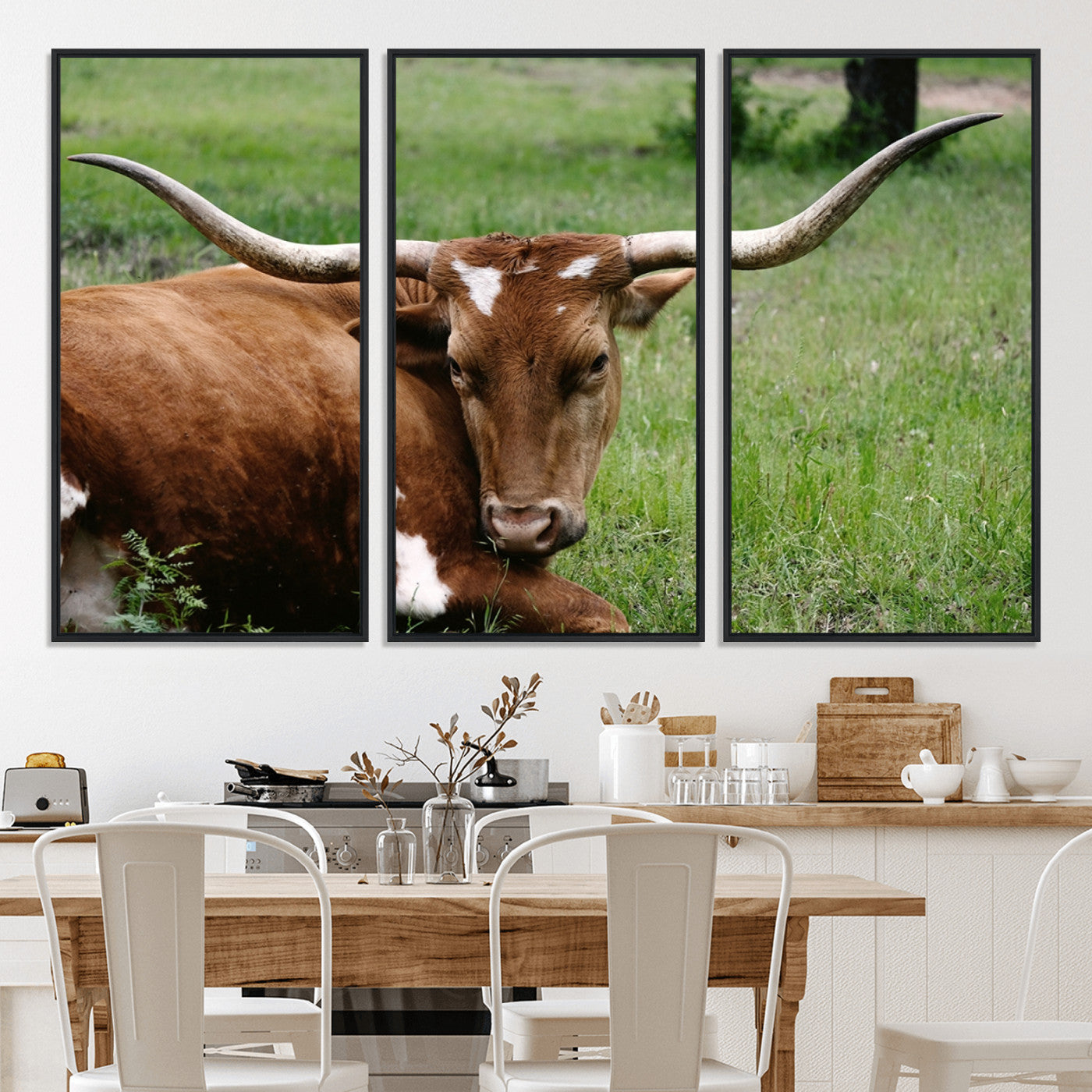 45997-MGV-CV-36X24-Longhorn Steer Canvas Wall Art – Rustic Nature Triptych Decor for Living Room or Office – Ready to Hang
