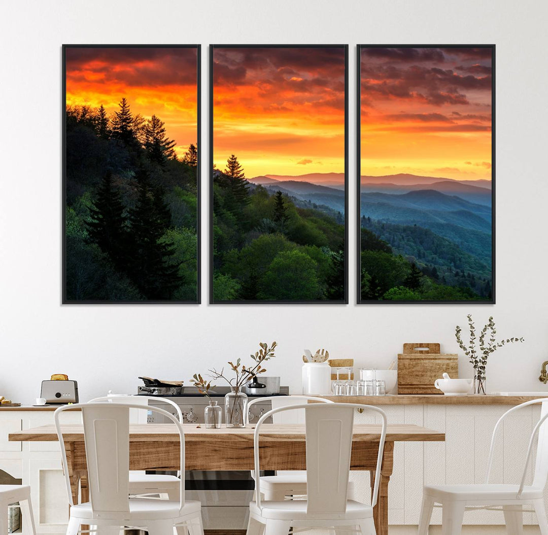 The Great Smoky Mountains Sunset Wall Art, a 3-panel print, beautifully captures natures beauty and is perfect for living room or office decor.