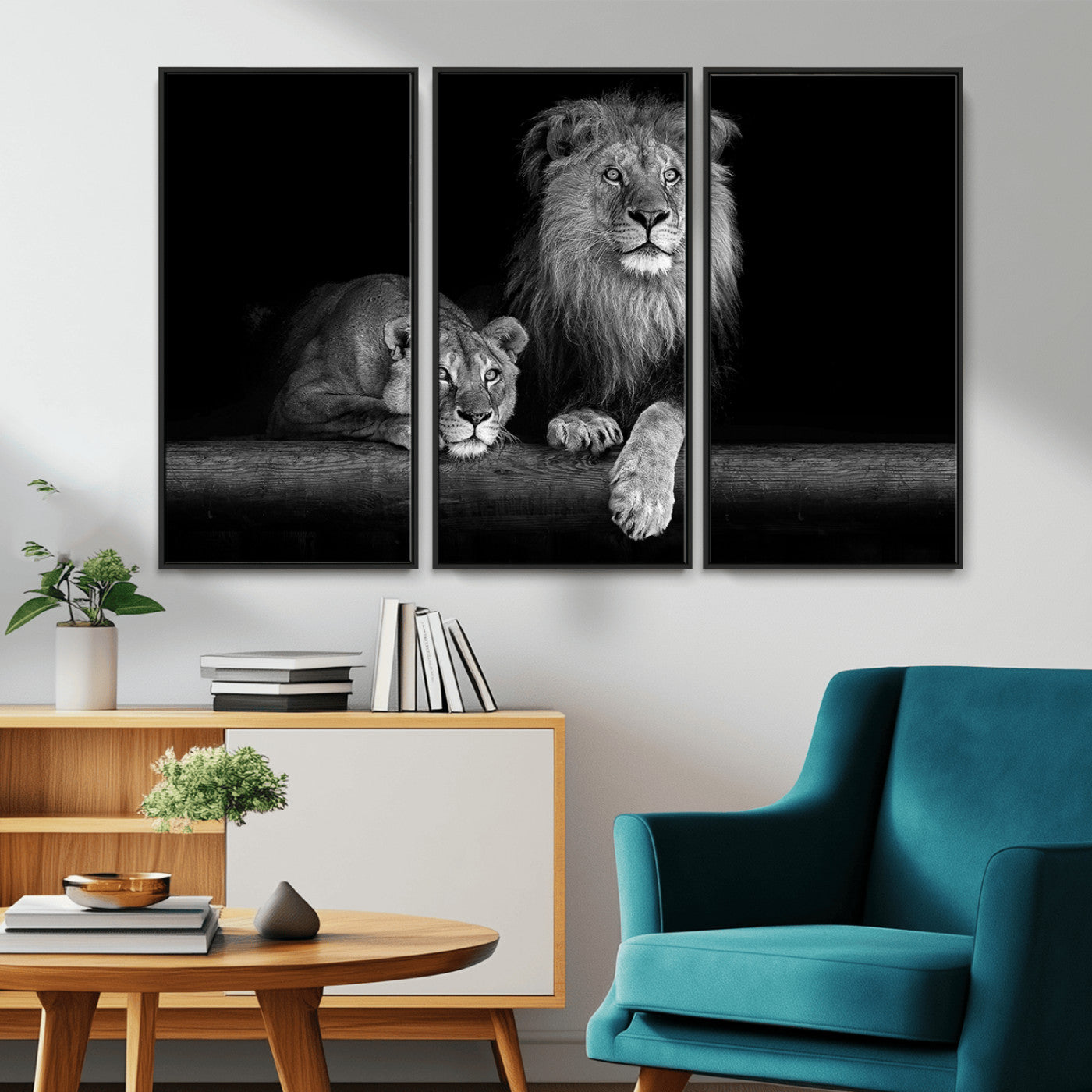 MGV-FC-48X32-3P - Large Black and White Lion Couple Wall Art Canvas Print